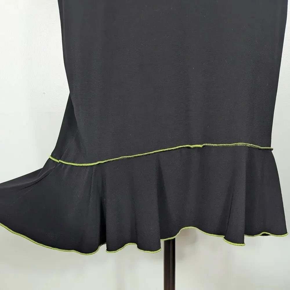 Vintage Midi Skirt M Black Green Y2K Whimsigoth Fairy Indie Ruffle Flare Pull On